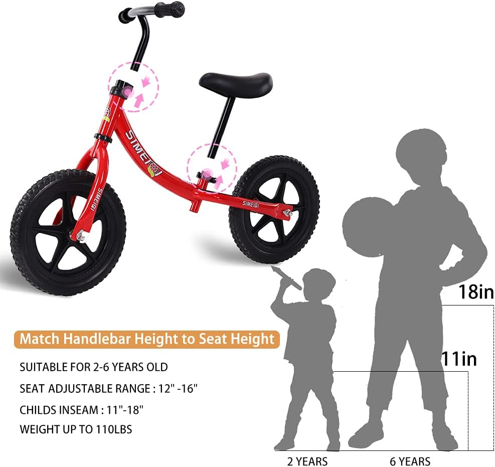 12“ Sports Balance Bike for Boys Girls 2 3 4 5 6 Years Old No Pedal Lightweight Walking Balance Training Sports Bicycle for Kids Toddlers (Red): Sports & Outdoors