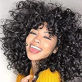 andromeda Short Curly Wigs for Black Women Soft Black Curly Wig with Bangs Fluffy Curls Synthetic Hair Wig Loose Curly African American Costume Cosplay Half Wigs (Black)