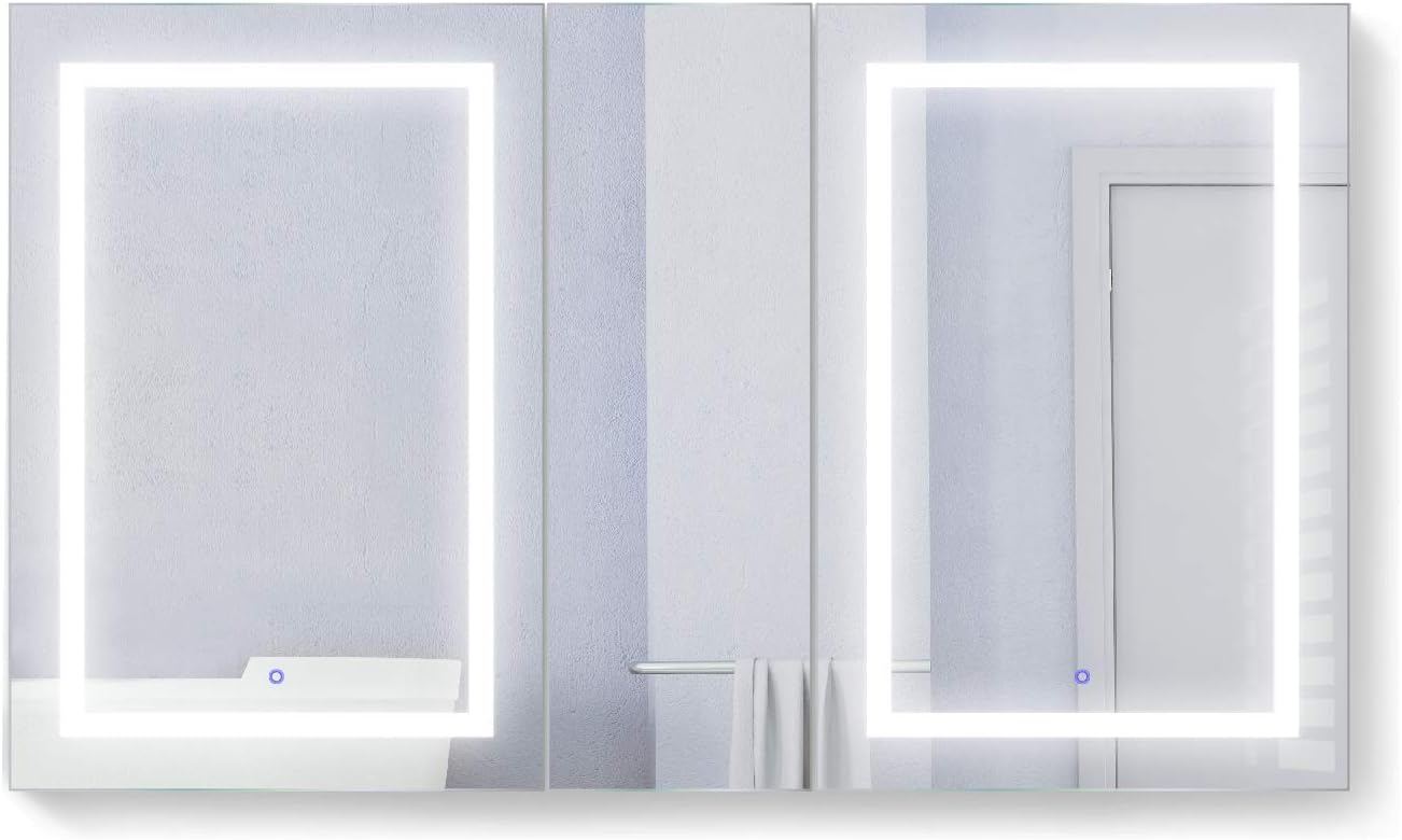 Krugg Large LED Medicine Cabinets with Defogger, Dimmer, 3X Makeup Mirror, Outlet & USB (60 x 36 Double Left Right Right)