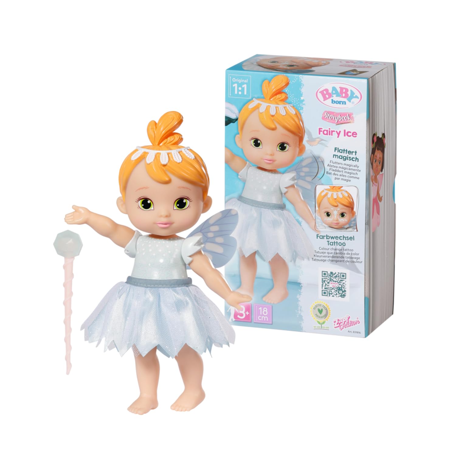 BABY born 4001167831816 Storybook Fairy Ice Ice-18cm Fluttering Wings-Includes Doll, Wand, Stand, Backdrop and Picture Booklet-Suitable for Children Aged 3+ years-831816