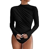 SweatyRocks Women's Bodysuit Mock Neck Casual Ruched Long Sleeve Jumpsuit
