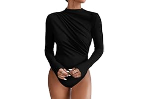 SweatyRocks Women's Bodysuit Mock Neck Casual Ruched Long Sleeve Jumpsuit