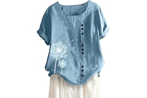ATTINE Womens Tops Dressy Casual, Womens Cotton Linen Floral Tops Short Sleeve Pullover Round Neck Casual Elegant T-Shirts