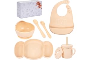 KIROGILY Silicone Baby Feeding Set, 6 PCS Baby Led Weaning Supplies, Toddlers Suction Plates with Bowl Spoon Fork Sippy Cup Bib, Baby Eating Utensils (Pink)