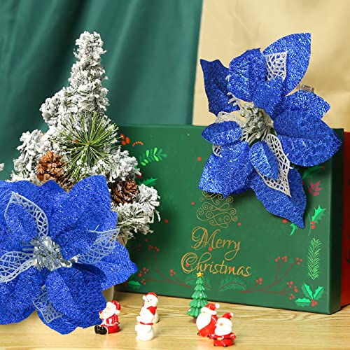 JOHOUSE 16PCS Christmas Glitter Artificial Poinsettia Flowers, 9inches Artificial Christmas Flowers Christmas Flowers for Christmas Tree Wreaths Ornaments (Blue)