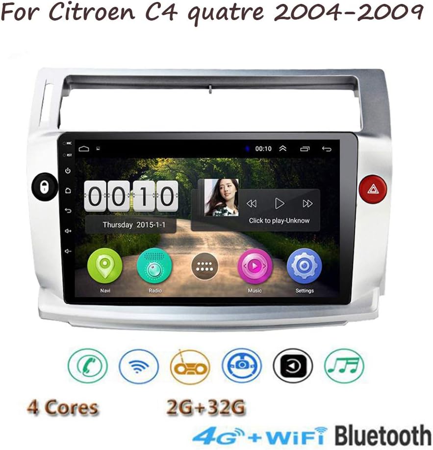 Yuahwyehe Car Stereo 9 Inch Head Unit with Car Radio Touch Screen GPS Navigation Dash Kit Built in DSP 15Band EQ for Citroen C4 Quatre 2004-2009 Support 4G WiFi Bluetooth Screen,BT,Mirror Link