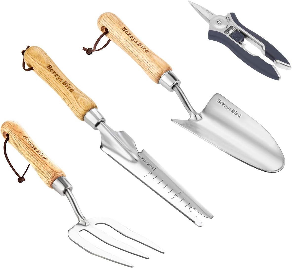 Berry&Bird Gardening Tools Sets, 4 Piece Heavy Duty Garden Kit Includes Hand Trowel, Weeder, Pruning Shears and Fork with Ash Wood Handle for Transplanting Digging