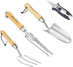 Berry&Bird Gardening Tools Sets, 4 Piece Heavy Duty Garden Kit Includes Hand Trowel, Weeder, Pruning Shears and Fork with Ash Wood Handle for Transplanting Digging