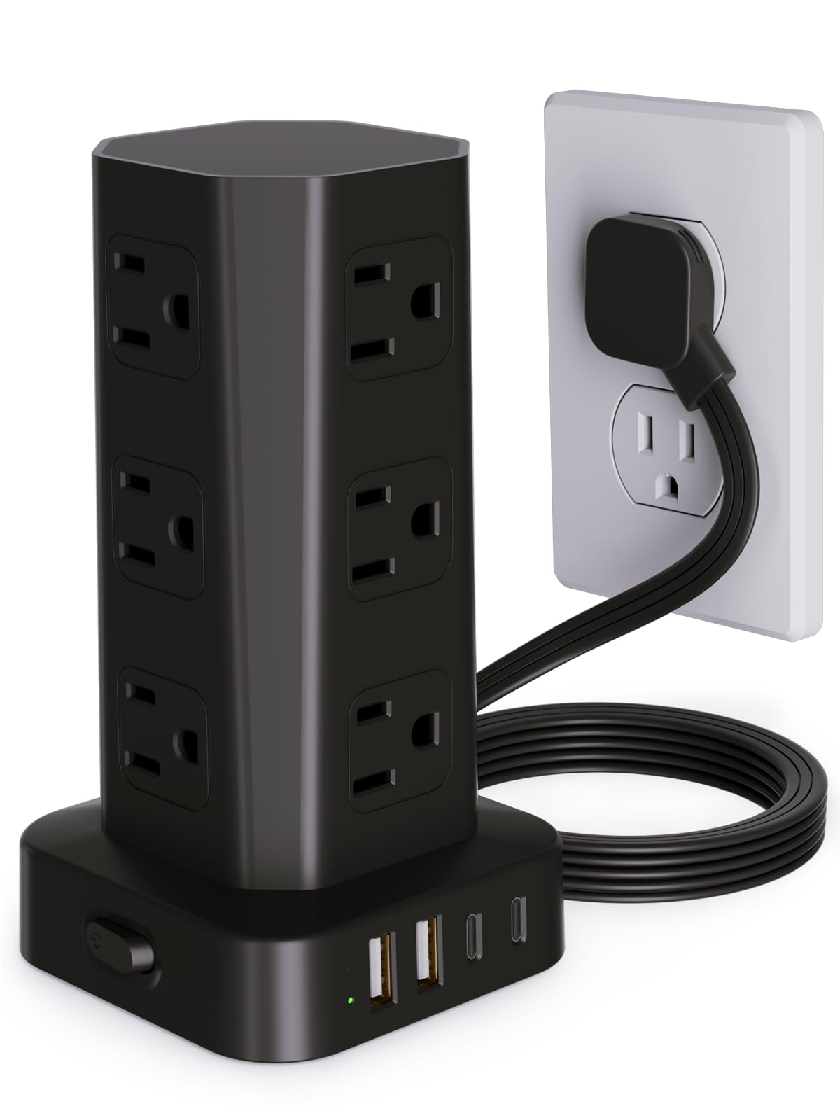 Power Strip Tower Surge Protector, 6FT Flat Plug Extension Cord with Multiple Outlets, 12 AC Outlets 4 USB (2 USB C), Desktop Charging Station with Surge Protection for Home Office Dorm Room, Black