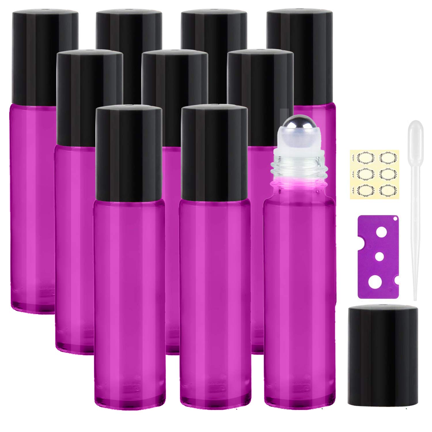 Alledomain 10Pcs, 10ml Essential Oils Roller Bottles - Glass Roll on Bottles with Stainless Steel Roller Balls - Included 1 Bottle Opener & 1 Dropper - Perfect for Aromatherapy (Rose red)