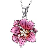 Zorlioy Diamond Hibiscus Necklace 925 Sterling Silver Hibiscus Flower Pendant Necklace with Lab Grown Diamond Hawaiian Jewelry Gifts for Women