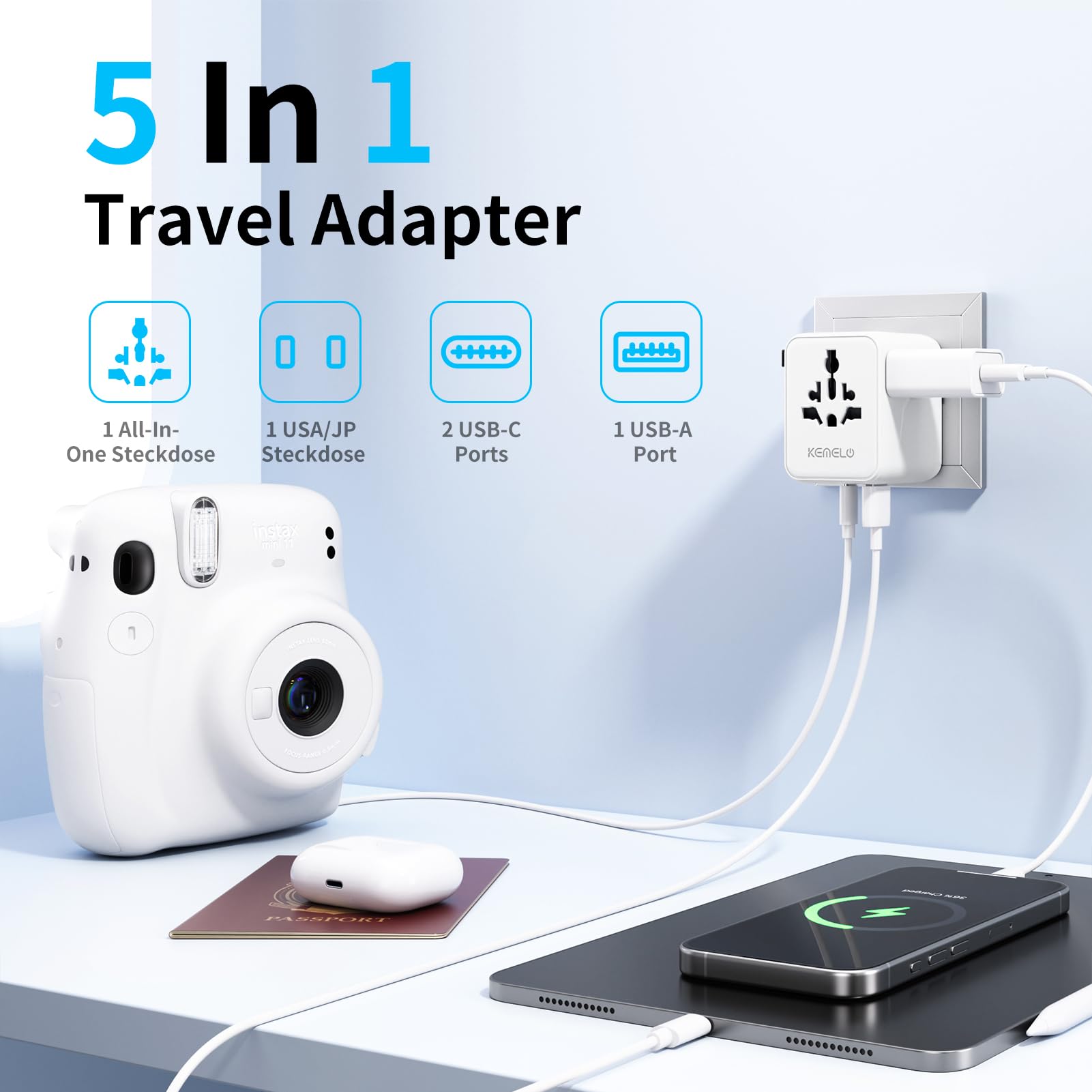 5 in 1 Reiseadapter Weltweit,Universal Adapter mit USB A,USB C,1 Weltweit Steckdose und 1 USA/JP Steckdose,Travel Reisestecker Internationaler Steckdosenadapter für EU USA UK Canada Japan Australien 2