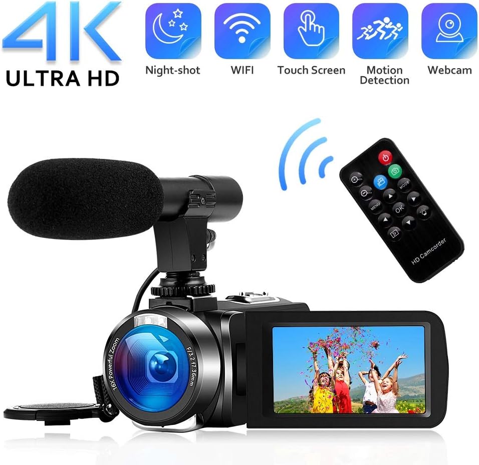 4K Camcorder Digital Video Camera WiFi Vlogging Camera Camcorders with Microphone Full HD 1080P 30FPS 3" HD Touch Screen Vlog Camera for YouTube with IR Night Vision and Remote Control