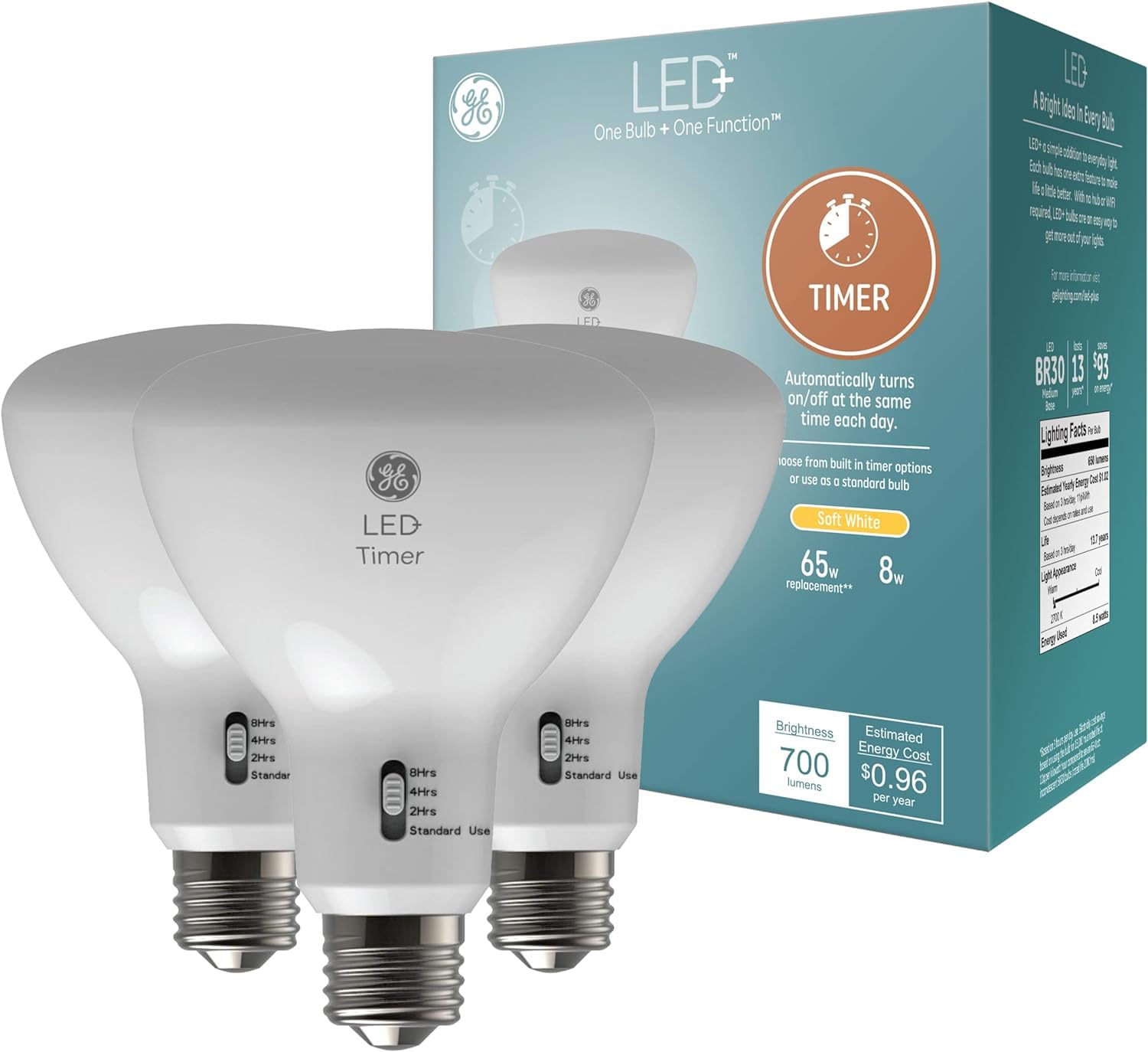 Photo 1 of GE LED+ Timer BR30 LED Light Bulbs, Built-in Automatic Indoor Timer Light, 8W, Soft White (3 Pack)
