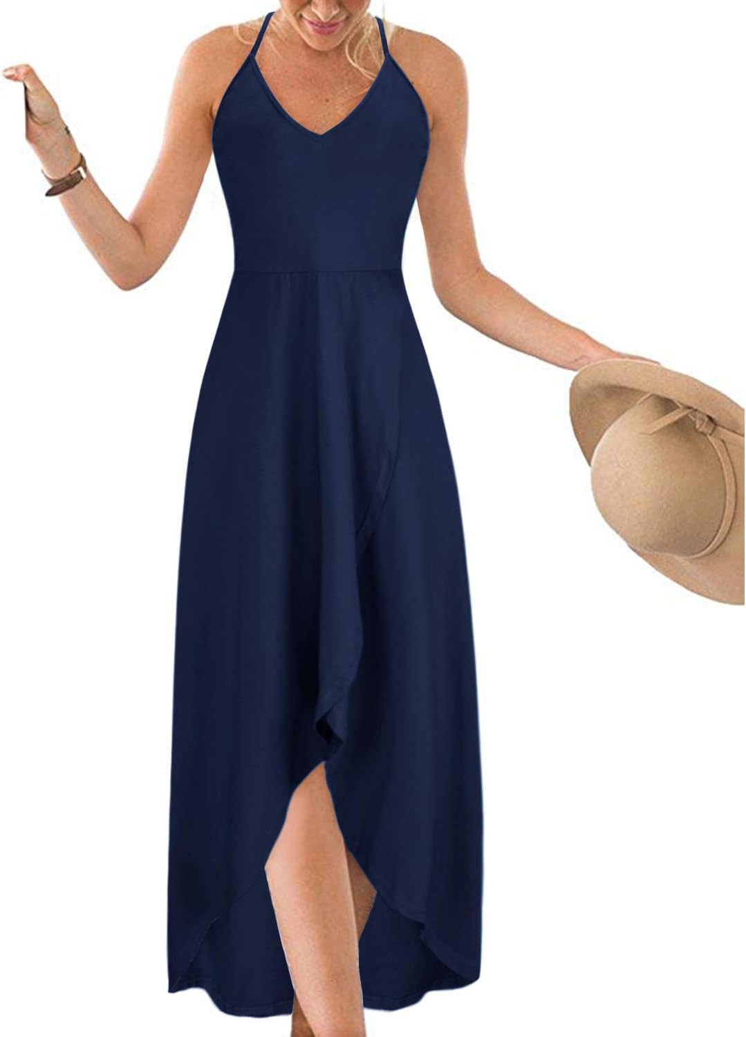 Women's V Neck Sleeveless Casual Summer Sundresses Asymmetrical Patchwork Floral Maxi Dresses