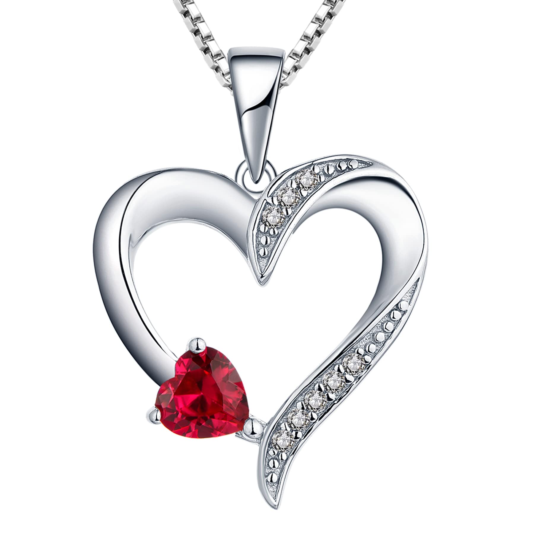 YL Heart Necklace 925 Sterling Silver July Birthstone Deep Ruby Double Heart Pendant Necklace for Women, 45-48cm