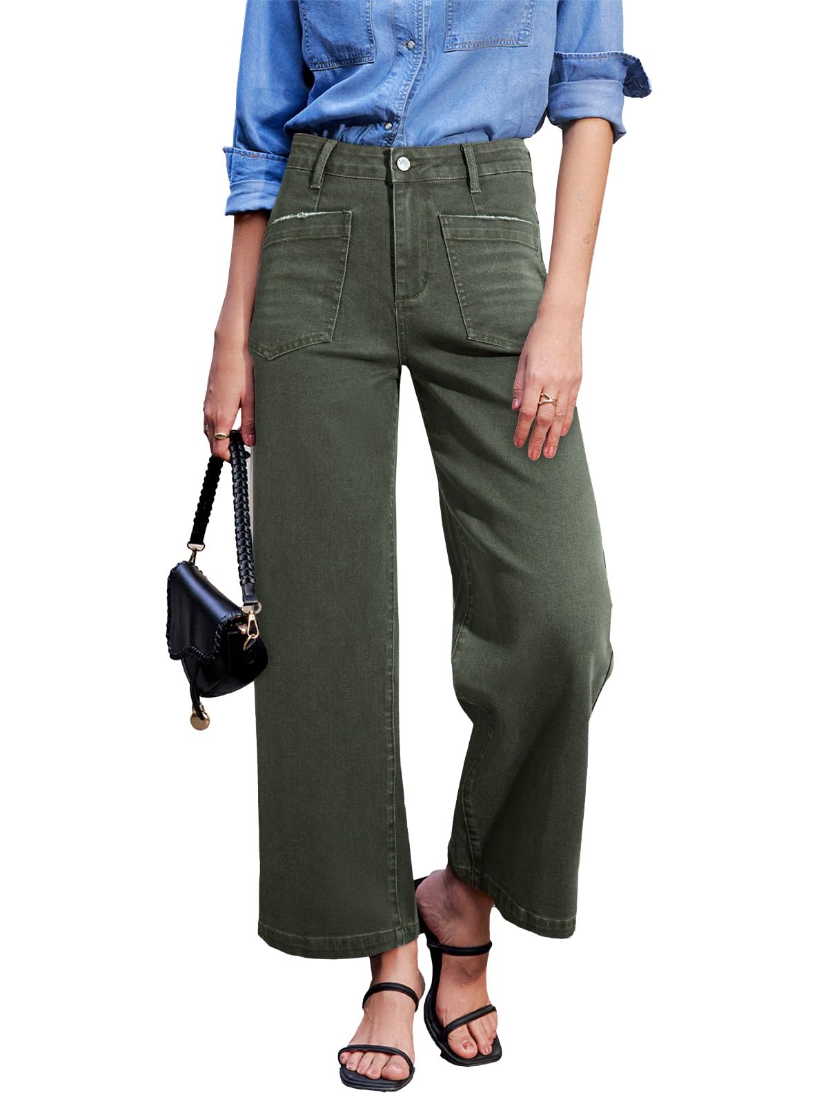 Sidefeel Jeans for Women Trendy High Waisted Stretchy Straight Leg Jeans Loose Ankle Denim Pants Green Size 6 Image