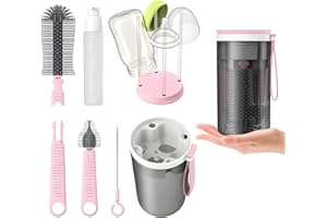 AivaToba 6-in-1 Baby Bottle Cleaning Set, Pink, with Drying Rack, Soap Dispenser, and Nipple Brush, for Travel