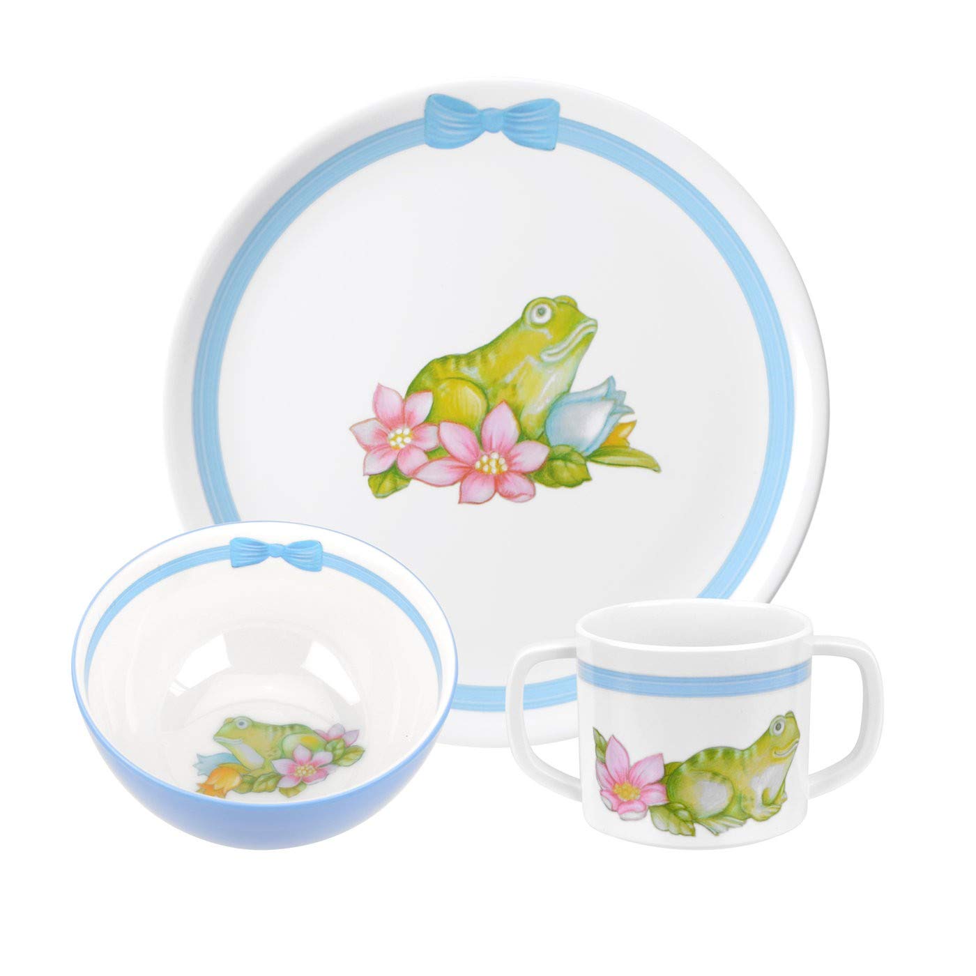 Portmeirion Botanic Garden Terrace 3-Piece Dinner Set - Frog Motif with Blue Accents, BPA-Free Melamine Plate, Bowl, Mug - Shatterproof & Dishwasher Safe, Kids' Play Kitchen Accessories