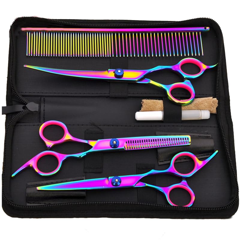 Bestmemories Dog Grooming Scissors Set Colorful Pet Scissors Set Pet Hair Cutting Teeth Shear Set Pet Grooming Curved Scissors Kit 7" Stainless Steel Hair Thinning Grooming Shear Comb Set (Colorful)