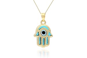 WJD Exclusives 14K Yellow Gold Blue Red Evil Eye Small Hamsa Small Charm Pendant 0.7"