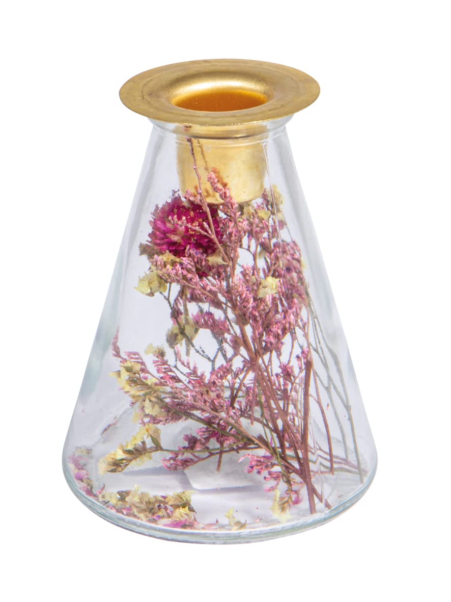 Rayher Glass Vase Candle Holder Filled with Dried Flowers, Bottle Candle Holder for Taper Candles, Metal Candle Stick Holder, 8x12.5cm, 46697000