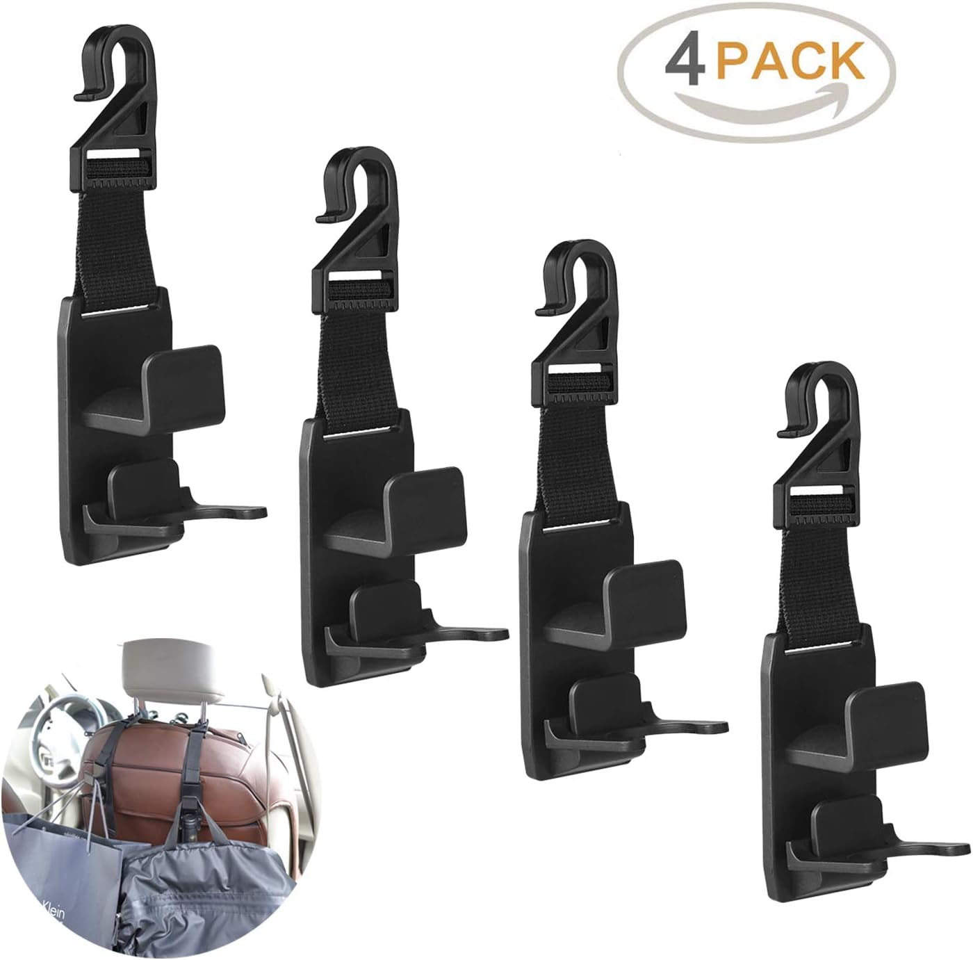 Universal Headrest Hooks for Car Vehicle, Portable Back Front Seat Headrest Hanger Holder Hook Car Seat Organizer with Bottle Holder for Storage Purse, Backpack, Handbag, Coat and Grocery Bag (4 Pack)