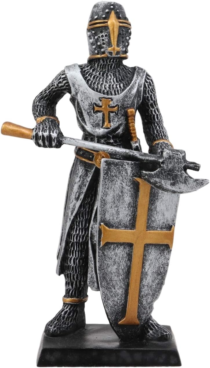 Ebros Gift Medieval Knight Crusader Axeman Dollhouse Miniature Figurine 4" H Suit of Armor Axe Man with Shield of Faith Sculpture Decor As Renaissance War Military Icon