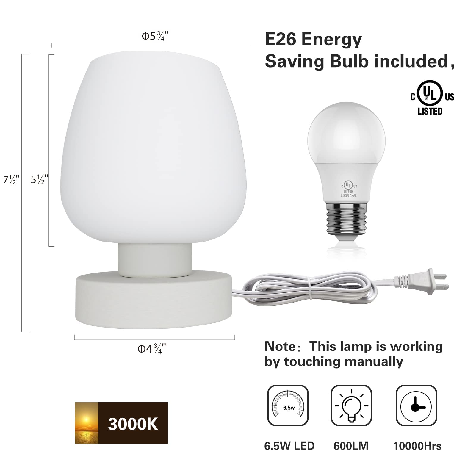 Touch Bedside Table Lamp - Modern Small Lamp for Bedroom Living Room Nightstand, Desk lamp with White Opal Glass Lamp Shade, Warm LED Bulb, 3 Way Dimmable, Simple Design