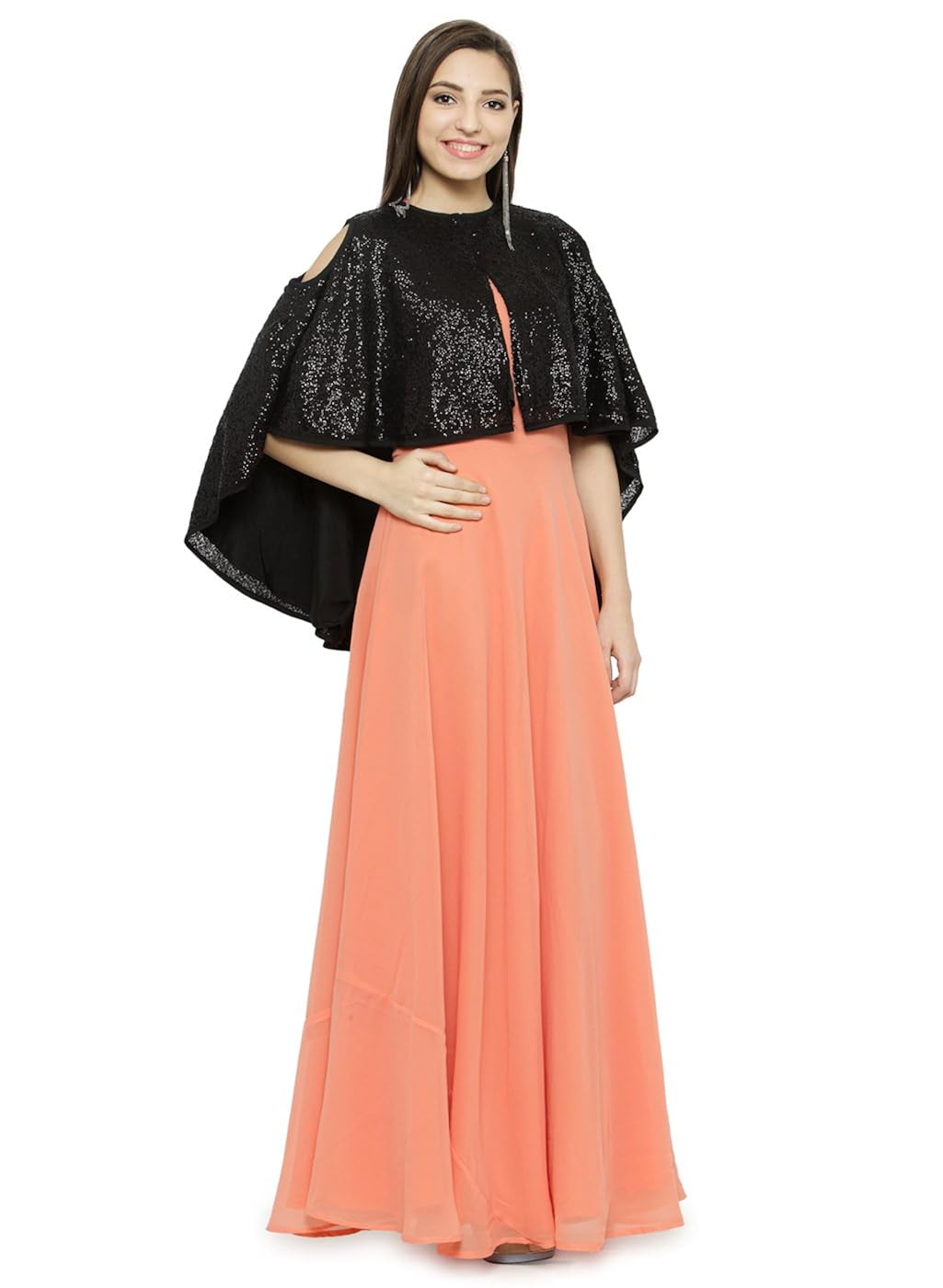 just wow peach & black poly georgette women's dress (jw811)