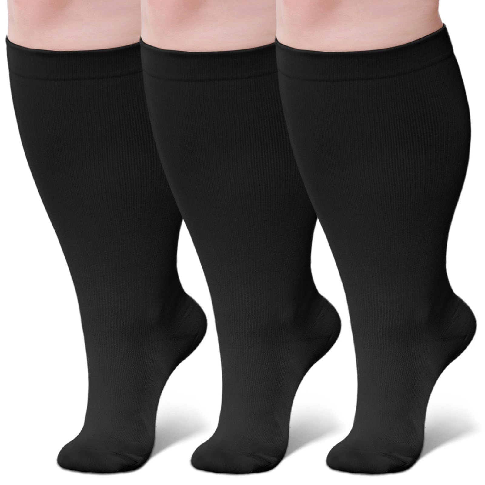 Photo 1 of 3 Pairs Plus Size Compression Socks: Wide calf Compression Stockings for Men Women - Extra Large 20-30 mmHg Compression Hose Support for Travel Nurses Running Pregnancy 3XL Black