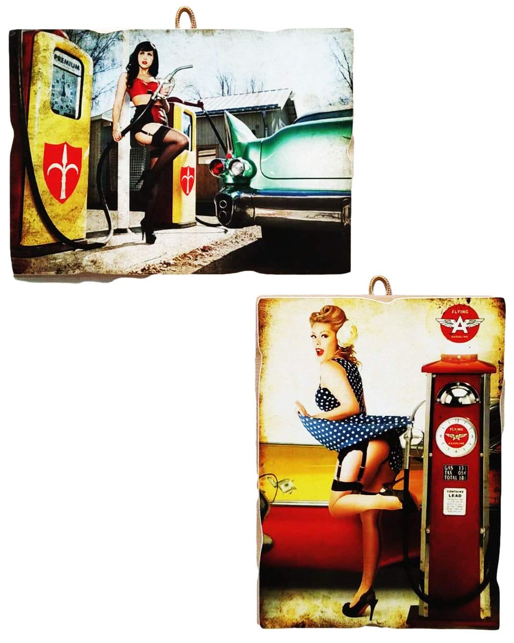 KUSTOM ART Set of 2 Vintage Style Pin-Up Collectible Wood Print