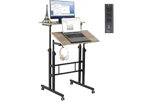 Hadulcet Mobile Standing Desk with Charging Station, Adjustable Standing Computer Desk, Standing Adjustable Laptop Cart with Wheels for Home Office Classroom Light Grey