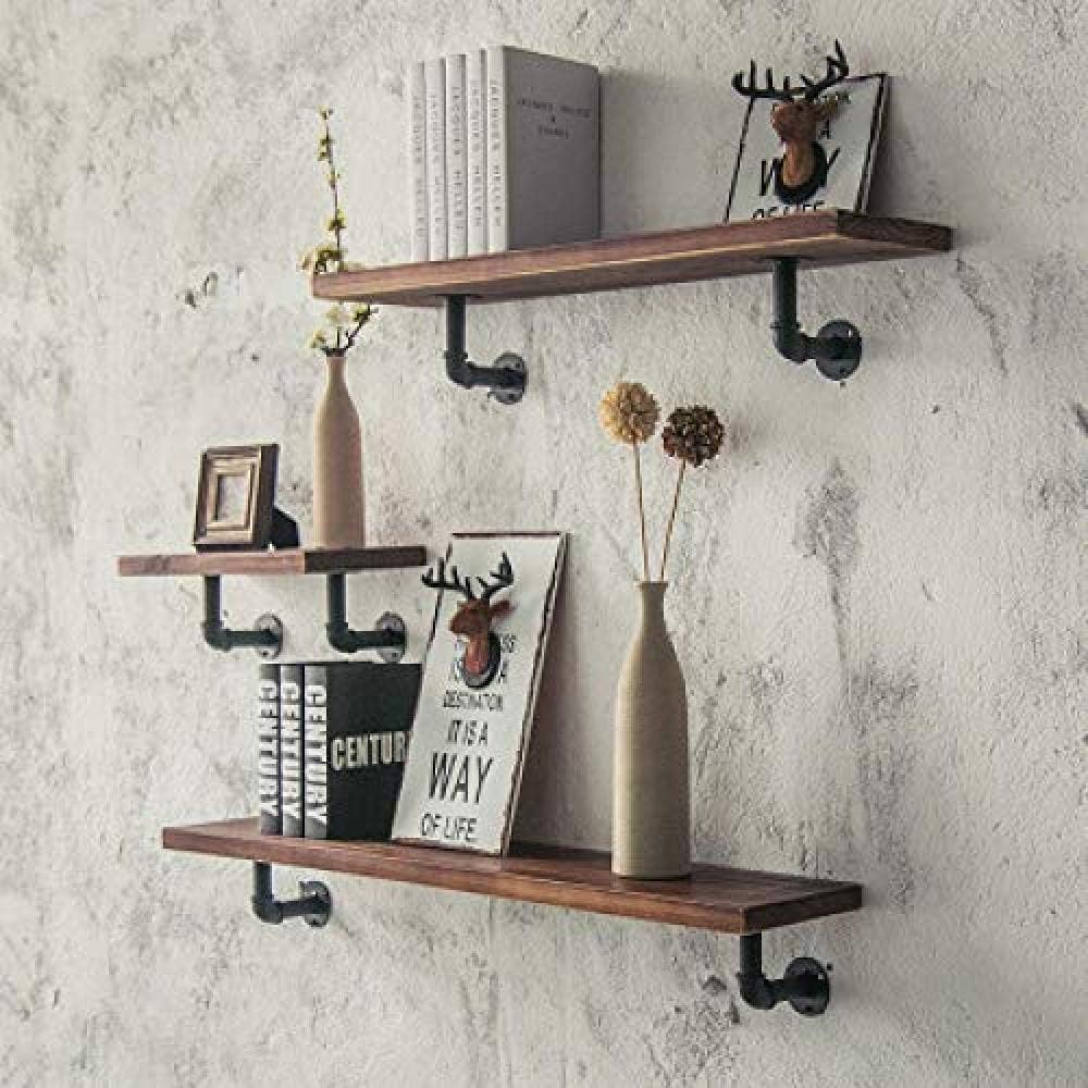 Wall Mounted Floating Shelves Wrought Iron Decorative Bookshelves Solid Wood Vintage Industrial Floating Storage Shelving With High Gloss Finish For Bedroom, Living Room, Bathroom, Kitchen, Office