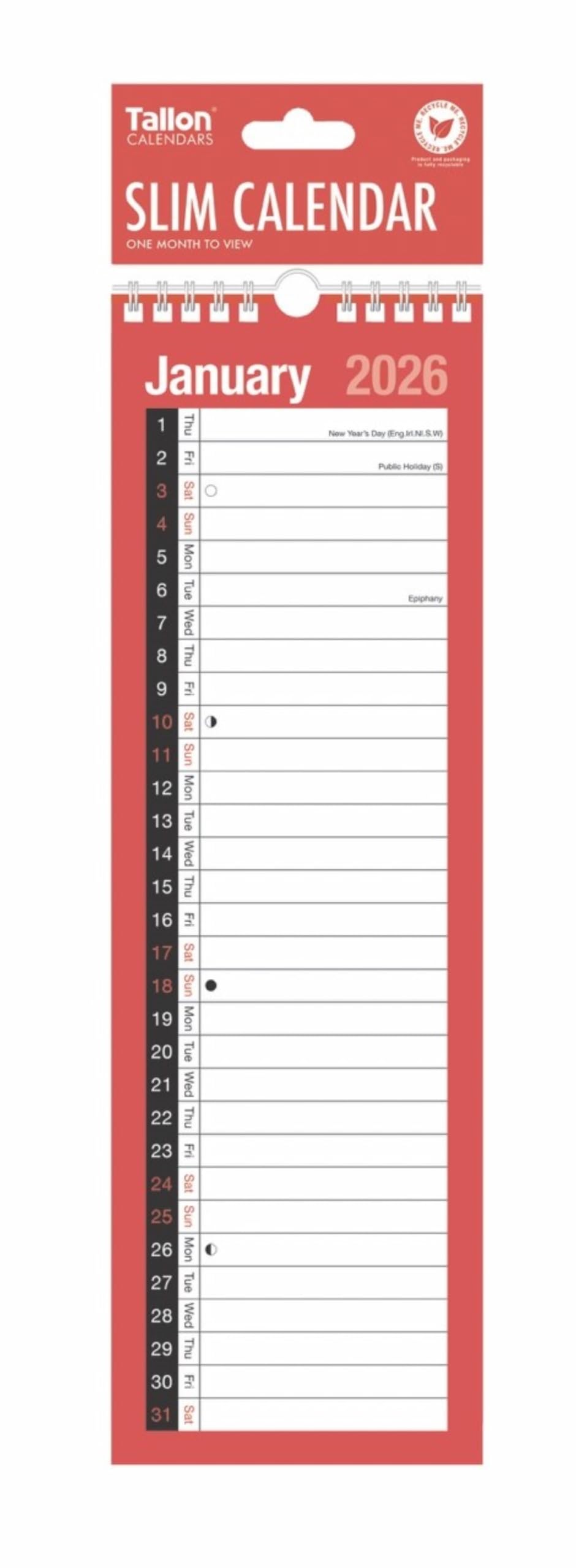 2026 Slim One Column Month To View Spiral Bound Wall Planner Calendar