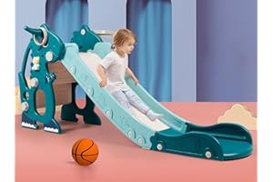 Sephyroth Kid Slide for Toddler Age 1-3 Indoor Plastic Slide Outdoor Playground Climber Slide Playset with Basketball Hoop & Ring Game (Dinosaur-Blue)