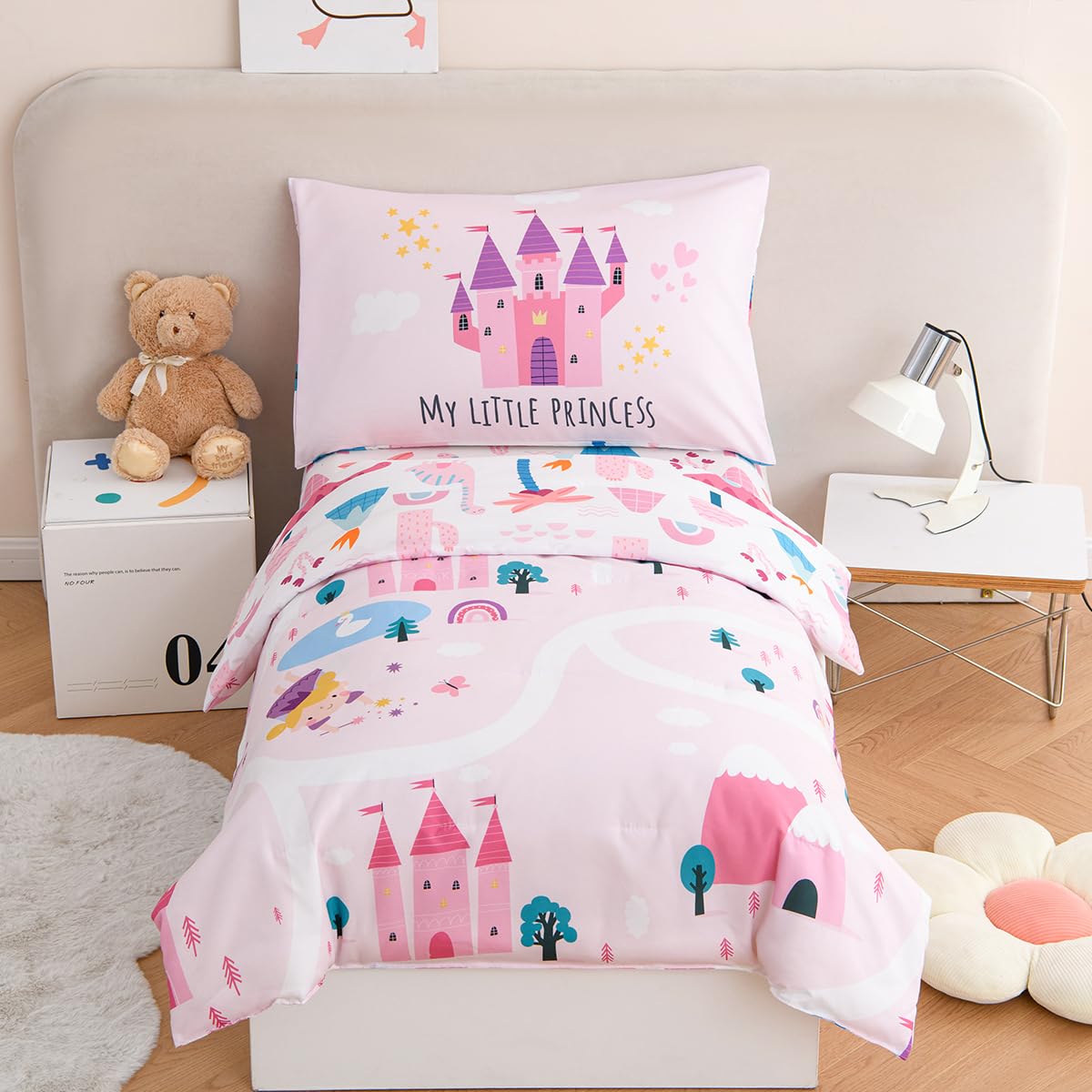 STYHO Single Duvet Cover Set Pink Castle Princess Patterned Girls Bedding Sets for Children Soft Reversible Dinosaur Kids Duvet Set for All Seasons(Castle, Single) — image 1