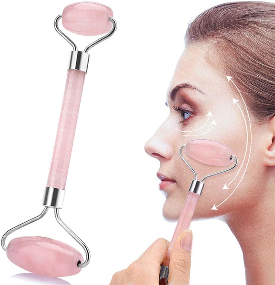 JMUNG Natural Pink Jade Rose Quartz Roller Natural Jade Facial Roller, Anti Aging Jade Roller for SPA Face Massage Anti Aging Cold Therapy Beauty Sliming