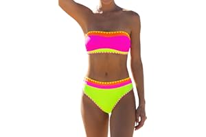 popvil Women's Neon Color Block Bandeau Swimsuits Strapless Bikini Sets Two Piece Bathing Suits