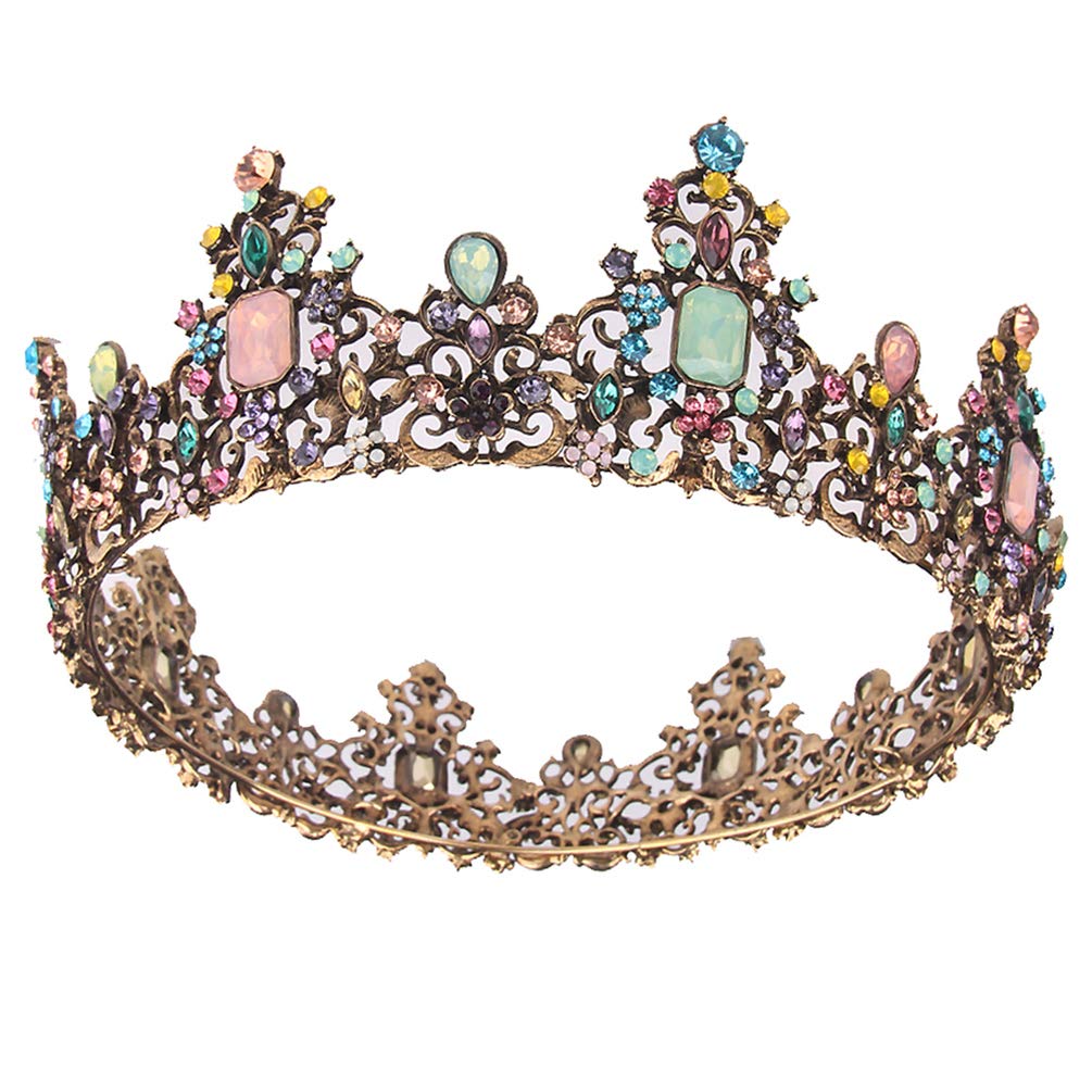 Minkissy Jeweled Queen Crown Mluticolor Gemstones Tiara Diamond Bridesmaid Crown Tiara for Costume Party Wedding