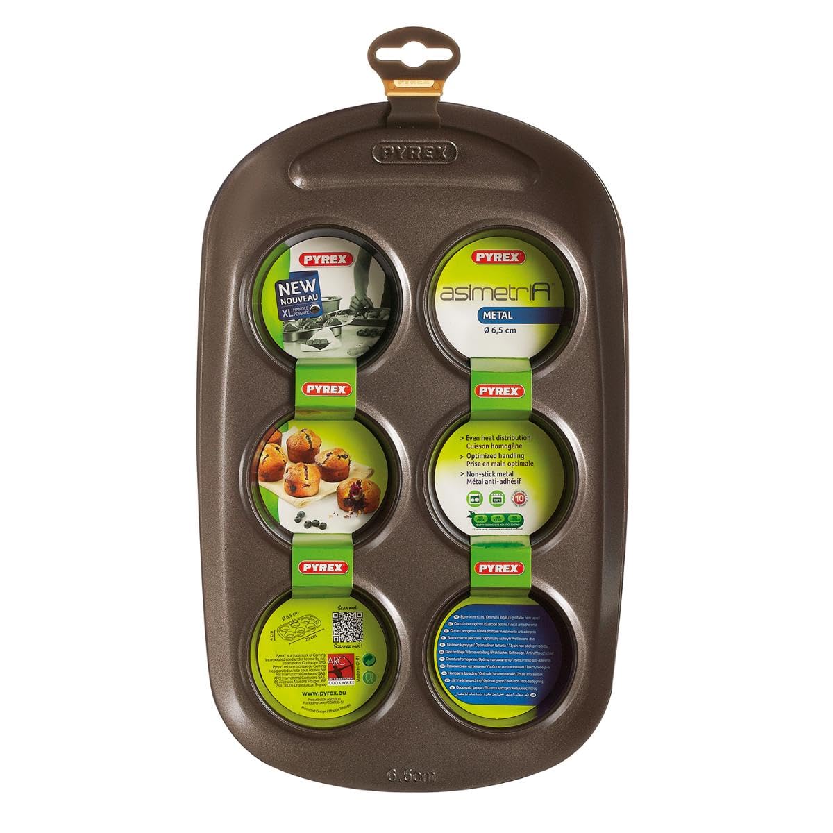 Pyrex Medium Metal Asimetria Easy-Grip 6-Cups Muffin Tray, Brown
