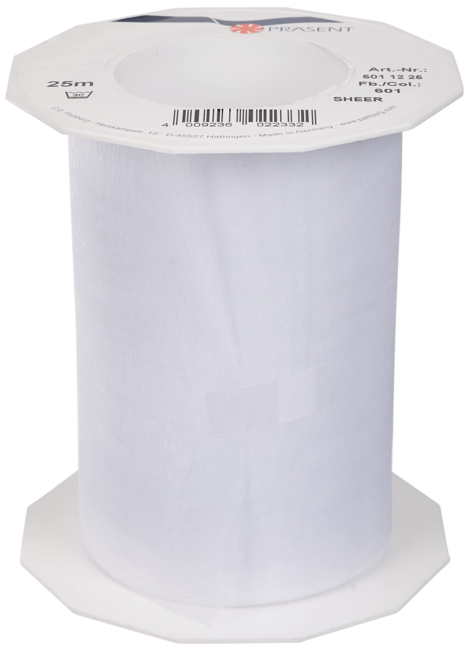 PRÄSENT C.E. Pattberg SHEER Organza white, 27 yards Gift Wrap, 4.4 inches width, Accessories for Decoration & Handicrafts, Decoration Ribbon for Presents, for every occasion, Polyester, 112mm-25m