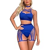 Women Rave Outfits Cutout Fishnet Top Booty Shorts Bottom Choker 3Pcs Babydoll Nightwear Festival Lingerie