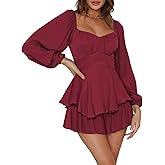 Fixmatti Women off Shoulder Rompers Lantern Long Sleeve Ruffle Tie Mini Shorts Jumpsuit