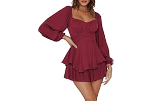Fixmatti Women off Shoulder Rompers Lantern Long Sleeve Ruffle Tie Mini Shorts Jumpsuit