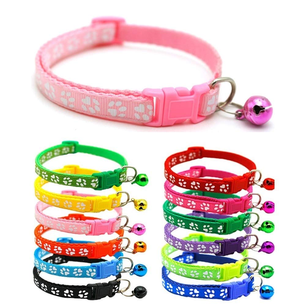 Small Dog Puppy Pet Collar Pawprint Design with Bell Nylon Adjustable Size 19-32cm Light Pink — image 1