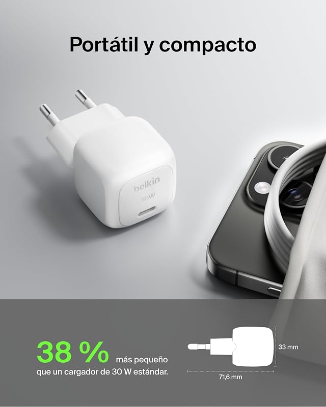 BoostCharge Compact Cargador de Pared de 30 W, Ideal para Viajar, Carga rápida USB C Power Delivery para Apple iPhone 17, Air, 16, 15, Samsung Galaxy, iPad, AirPods, Tabletas, Pixel - Blanco