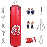 39.3" Hanging Punching Bag for Adult, Non Tear PU Leather, Heavy Boxing Bag Set with Hand Wraps Chains, Kick Unfilled Bags for MMA Karate Kickboxing Boxing Muay Thai Training