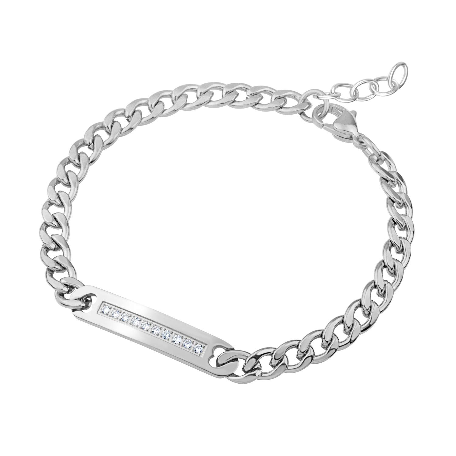 555Jewelry Womens Stainless Steel Hypoallergenic Cuban Chain Link Center Plate Bar Charm Unisex Cubic Zirconia Studded Fashion Jewelry Accessory Bangle Bracelet, Silver & White CZ