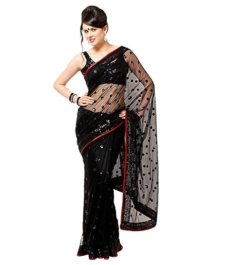 Women's Net Saree With Unstitched Blouse Piece (NET_1_Black)